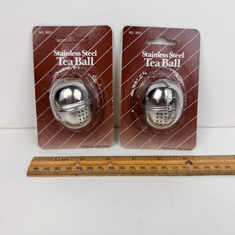 2 Vtg Sealed Stainless Steel Tea Ball Loose Leaf Tea Bag Infuser w hanging chain